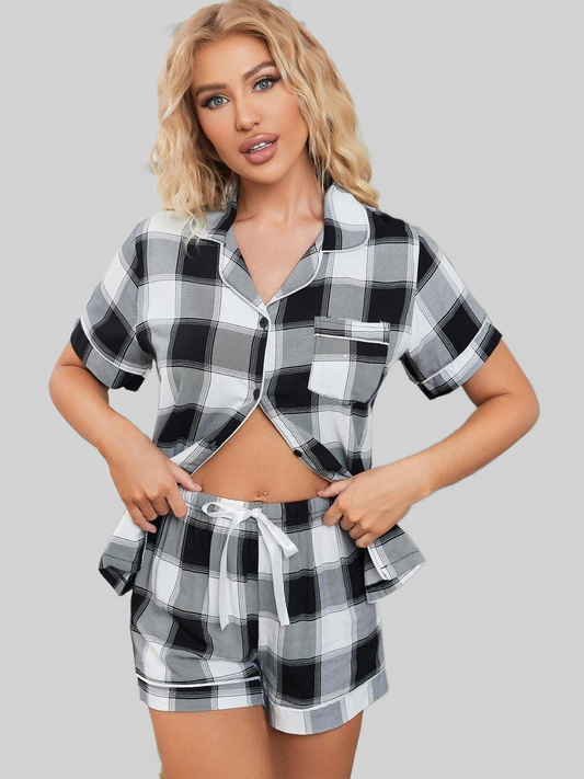 Plaid Lapel Collar Button-Up Top and Shorts Pajama Set nicholesgifts