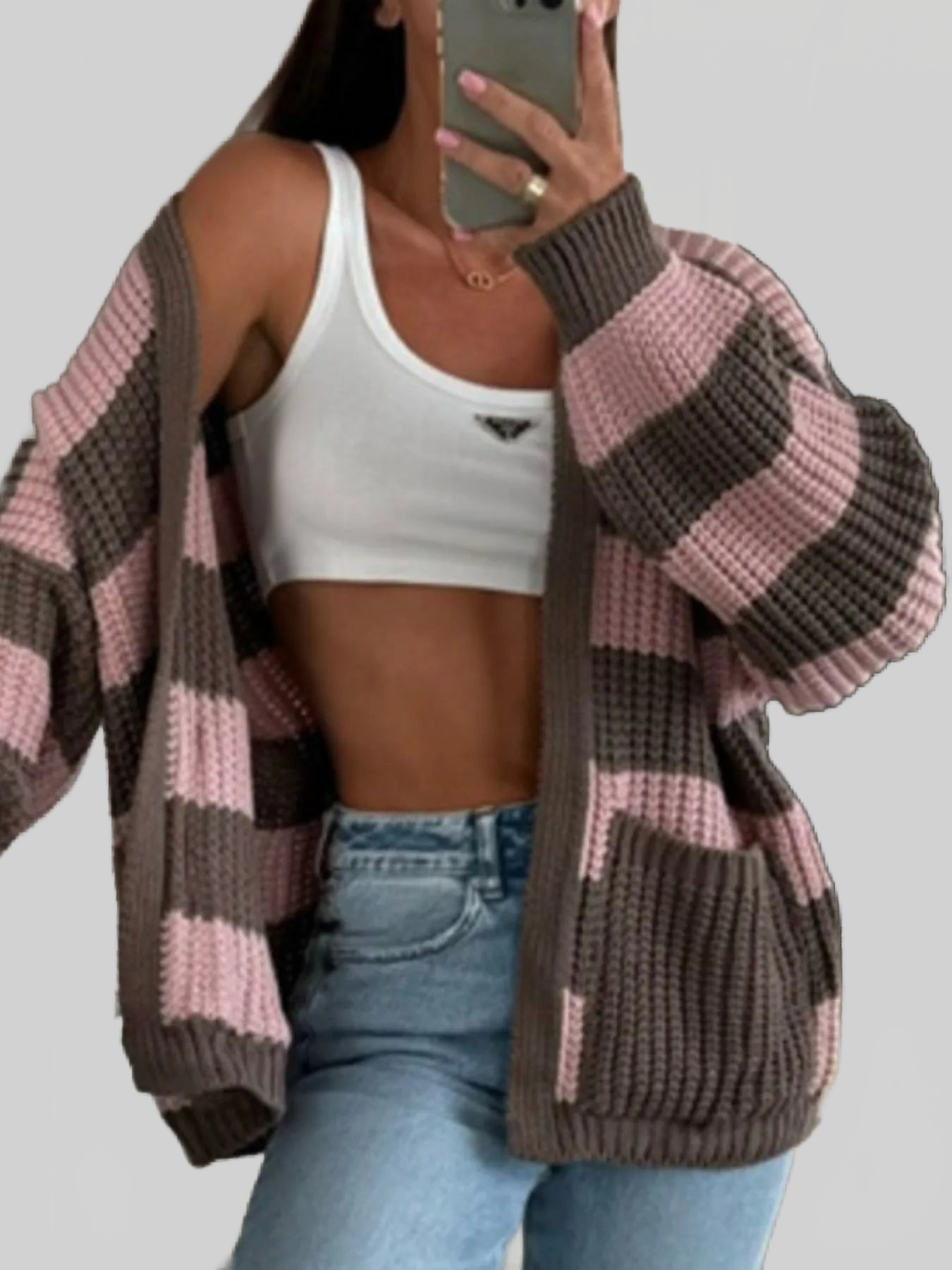 Striped Open Front Long Sleeve Cardigan nicholesgifts