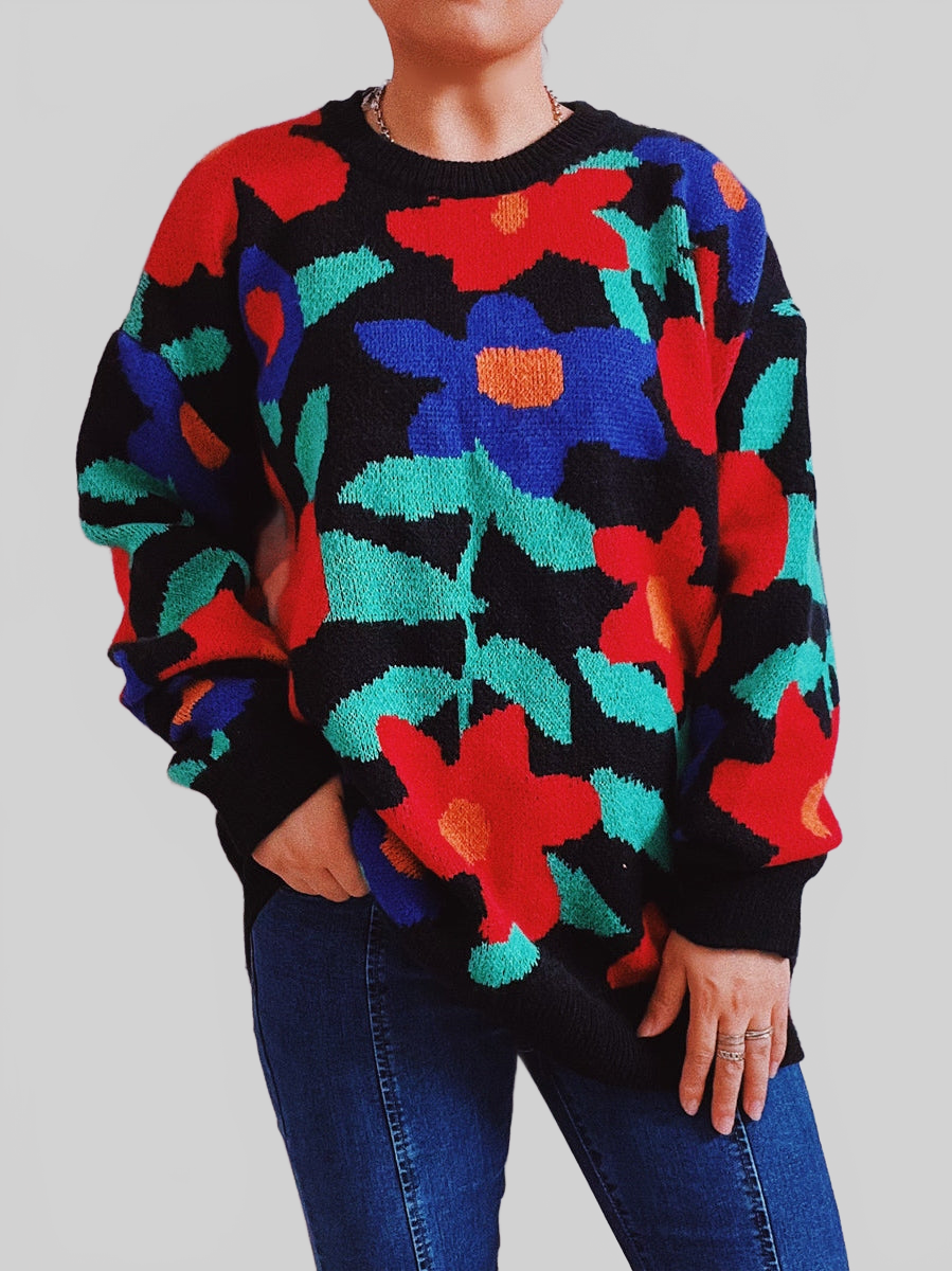 Floral Print Round Neck Drop Shoulder Sweater NicholesGifts