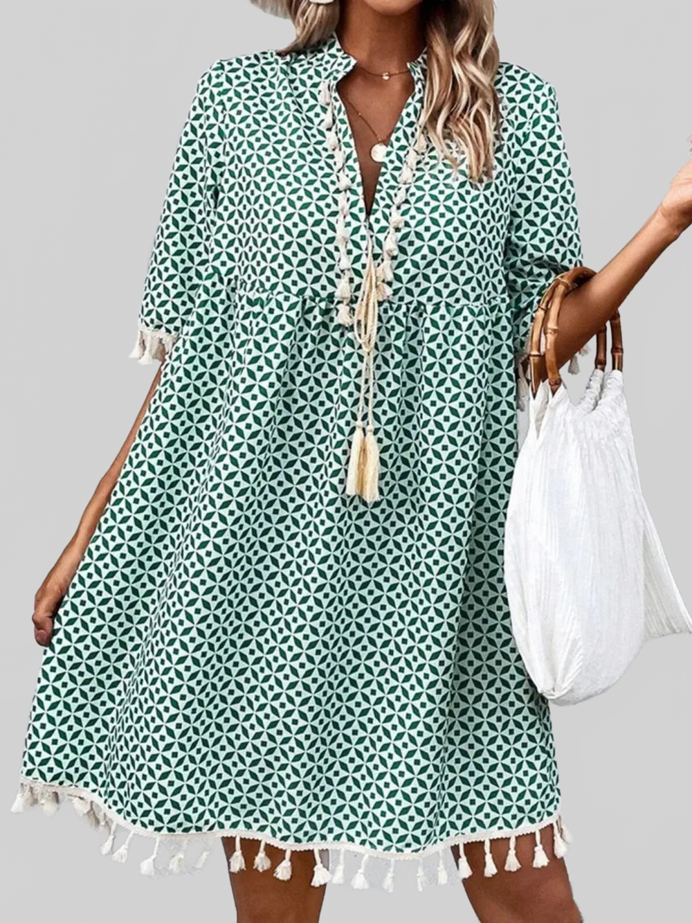 Tassel Printed Notched Half Sleeve Mini Dress nicholesgifts