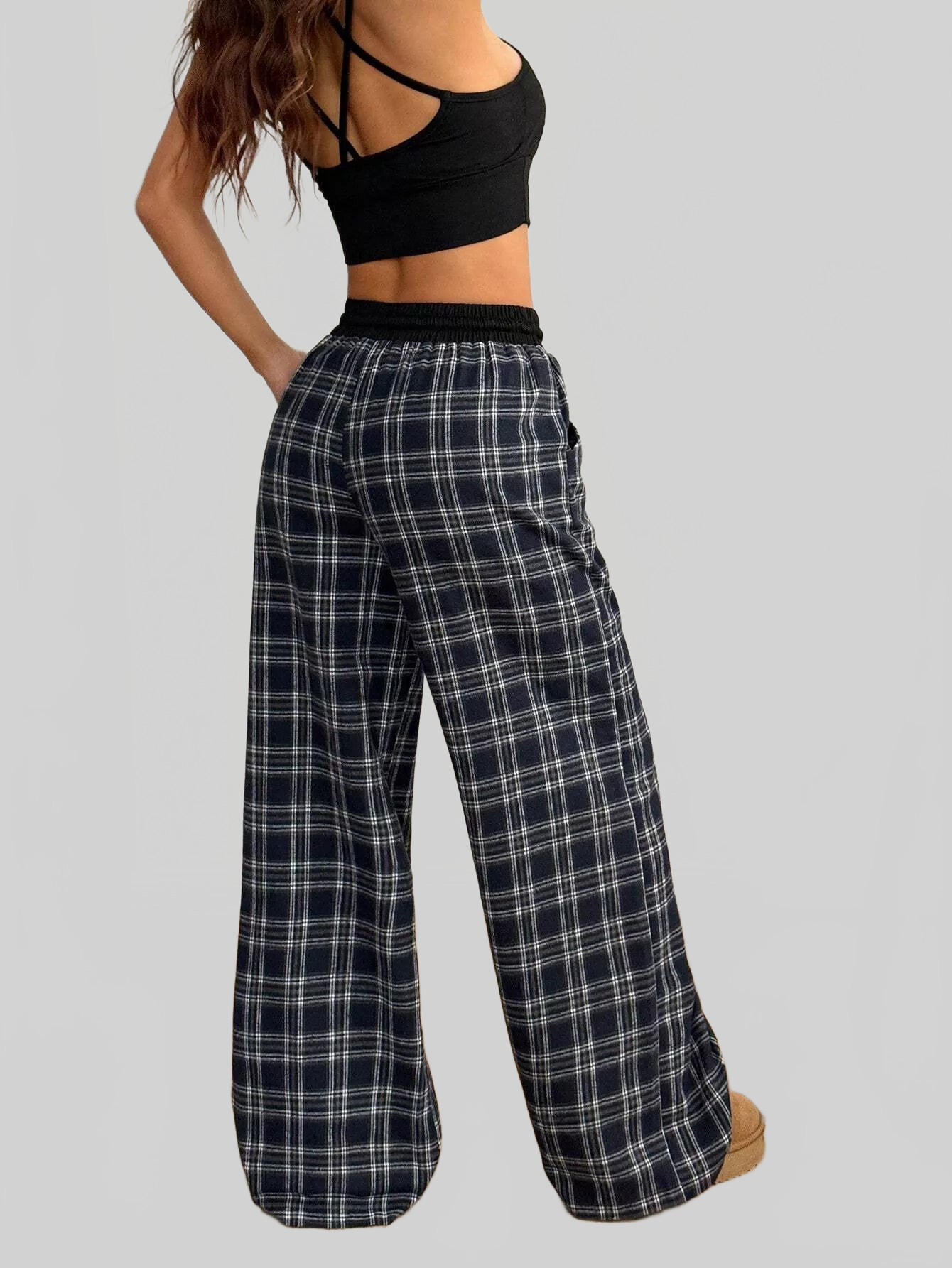 Women Plaid Wide-Leg Pants with Elastic Waistband nicholesgifts