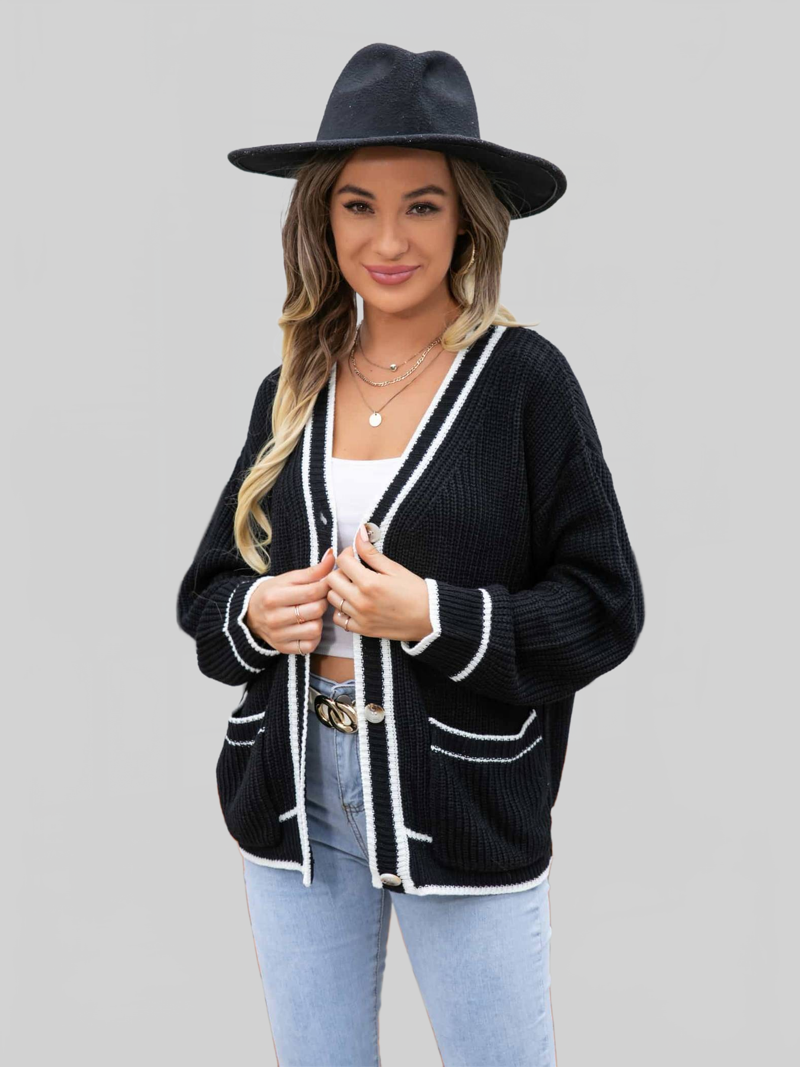 Angel Wings Waffle Knit V-Neck Cardigan with Pocket nicholesgifts