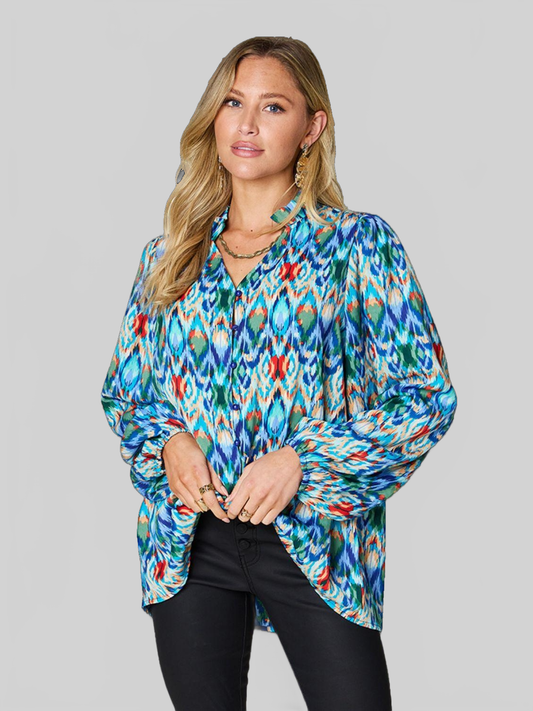 Women Double Take Full Size Printed Balloon Sleeve Blouse NicholesGifts