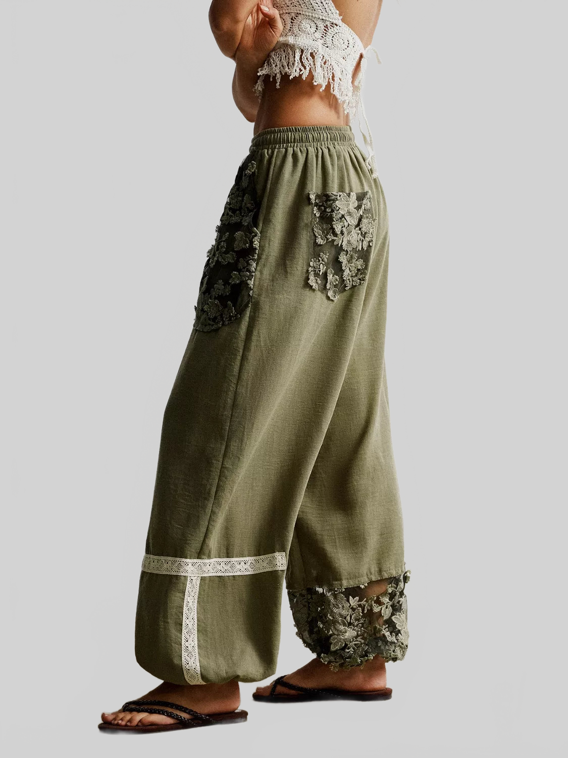 Women Lace Detail Drawstring Harem Pants nicholesgifts