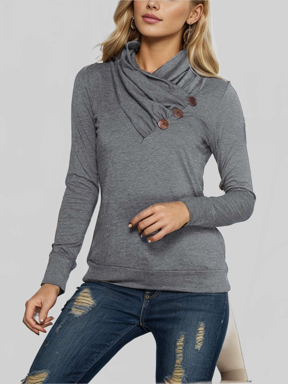 Women Shiny Buttoned Mock Neck Long Sleeve Blouse NicholesGifts