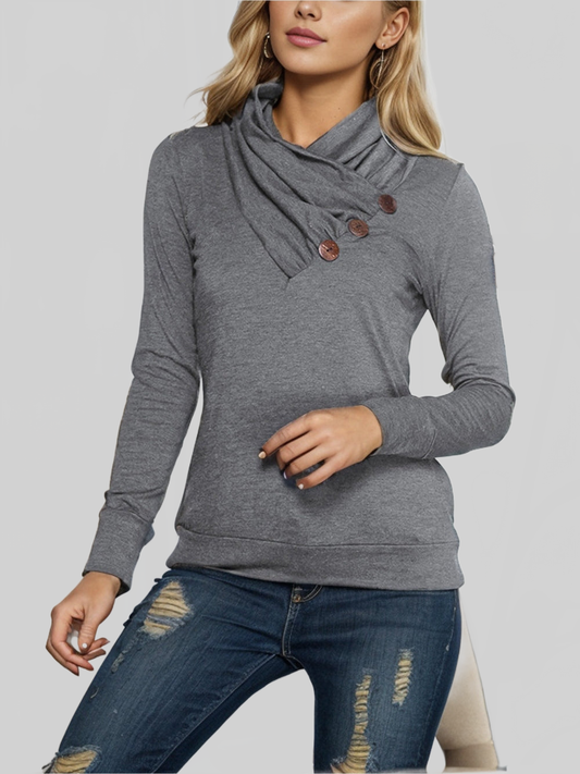 Women Shiny Buttoned Mock Neck Long Sleeve Blouse NicholesGifts