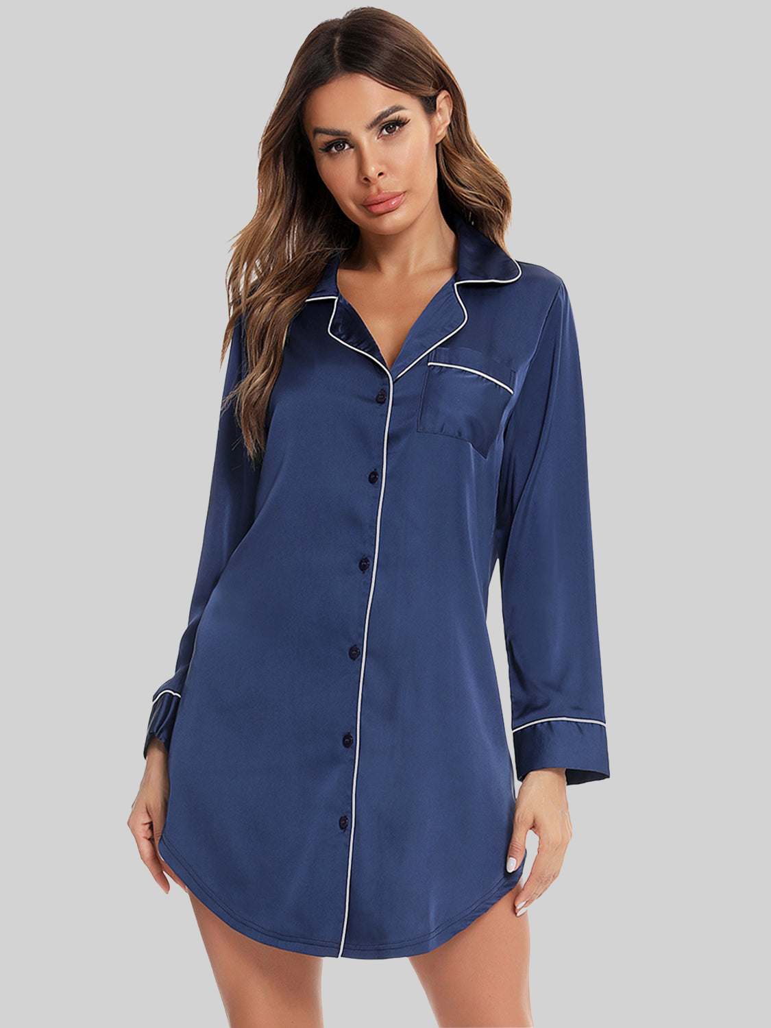 Button Up Lapel Collar Night Dress with Pocket nicholesgifts