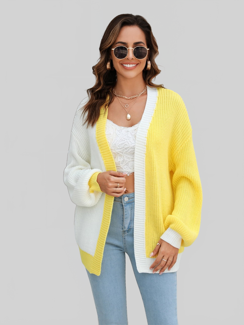 Angel Wings Open Front Contrast Color Balloon Sleeve Cardigan nicholesgifts