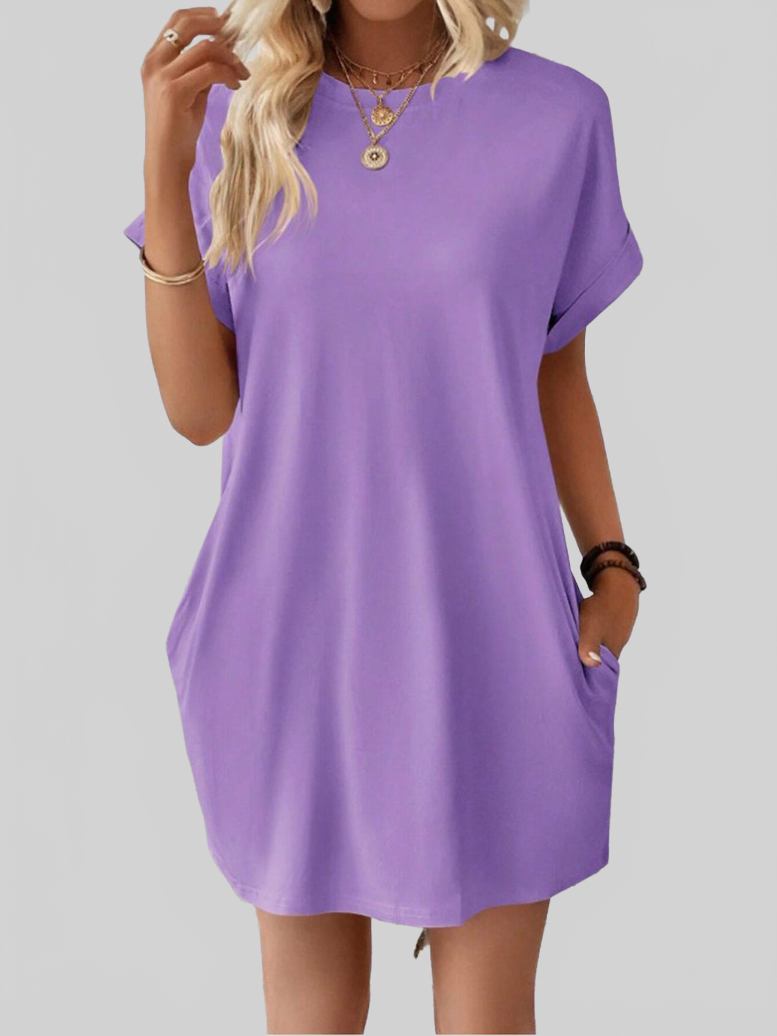 Women Pocketed Round Neck Short Sleeve Dress NicholesGifts