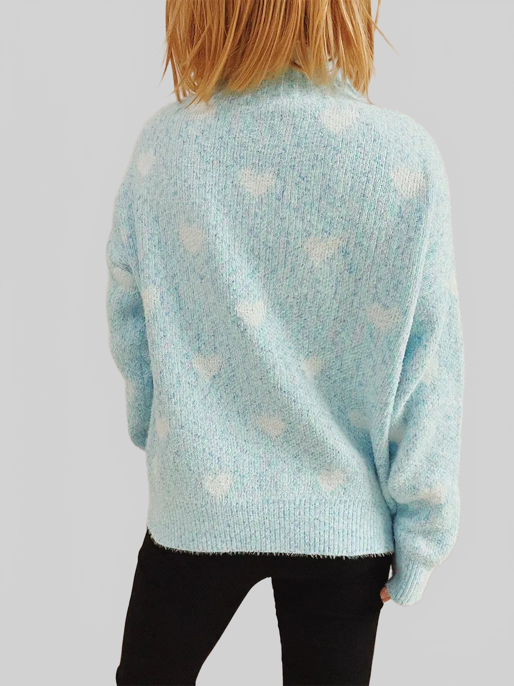 Women Heart Heathered Turtleneck Drop Shoulder Pullover Sweater nicholesgifts