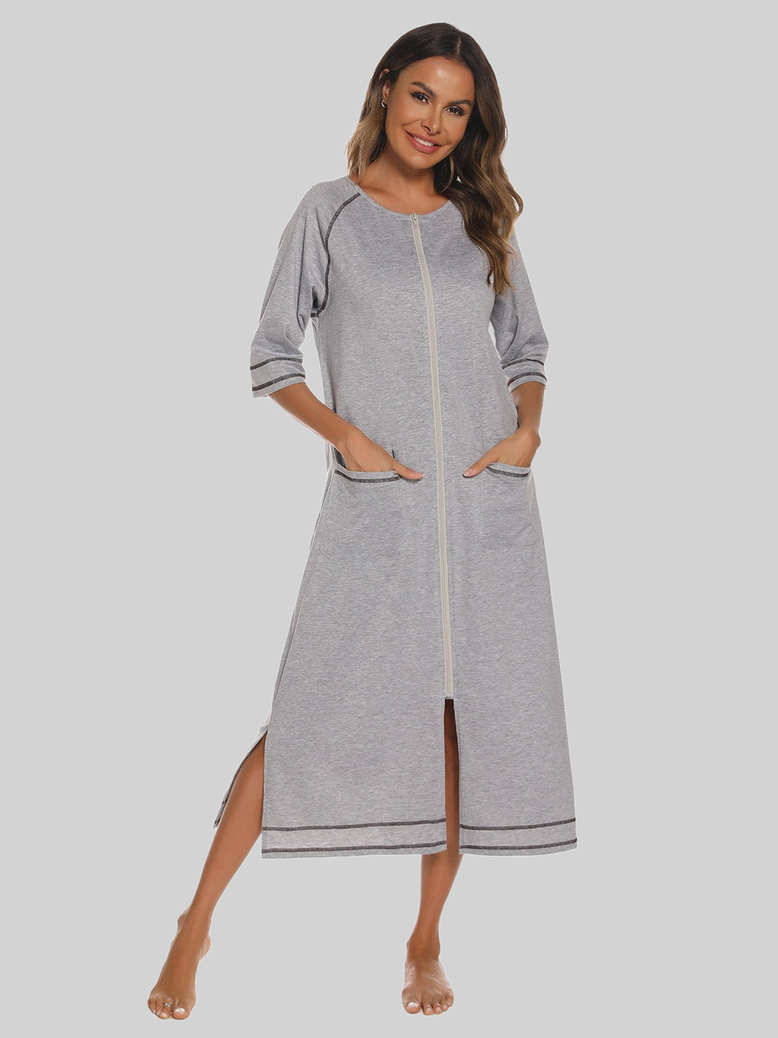Zip Up Slit Round Neck Night Dress with Pockets nicholesgifts