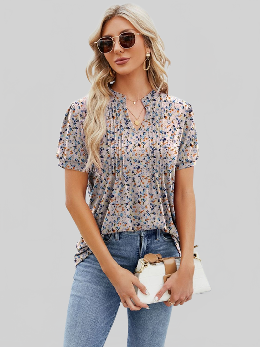 Women Ruched Printed Notched Short Sleeve Blouse nicholesgifts