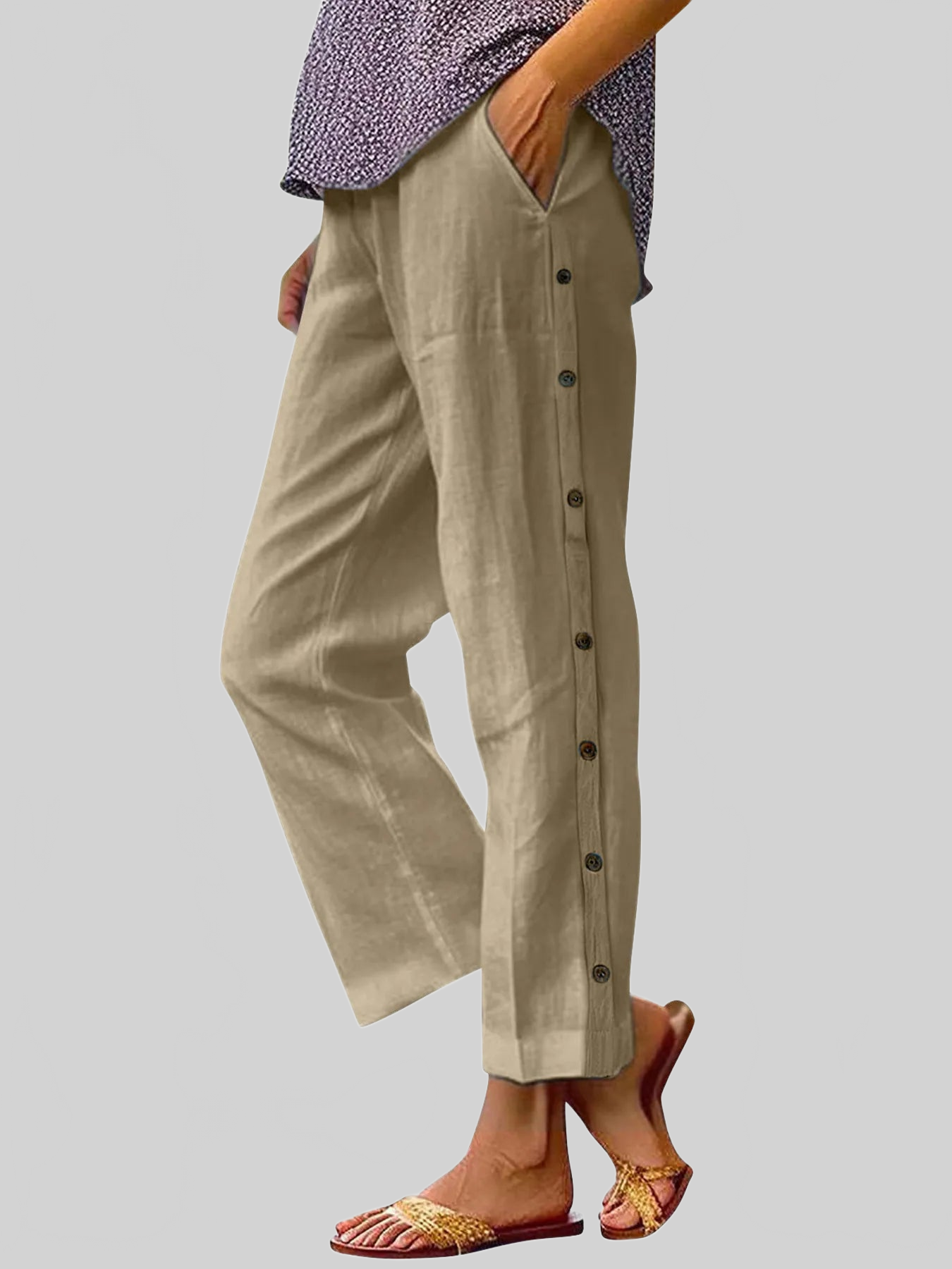 Women Full Size Side Decor Button Casual Wide Leg Pants Plus Size nicholesgifts