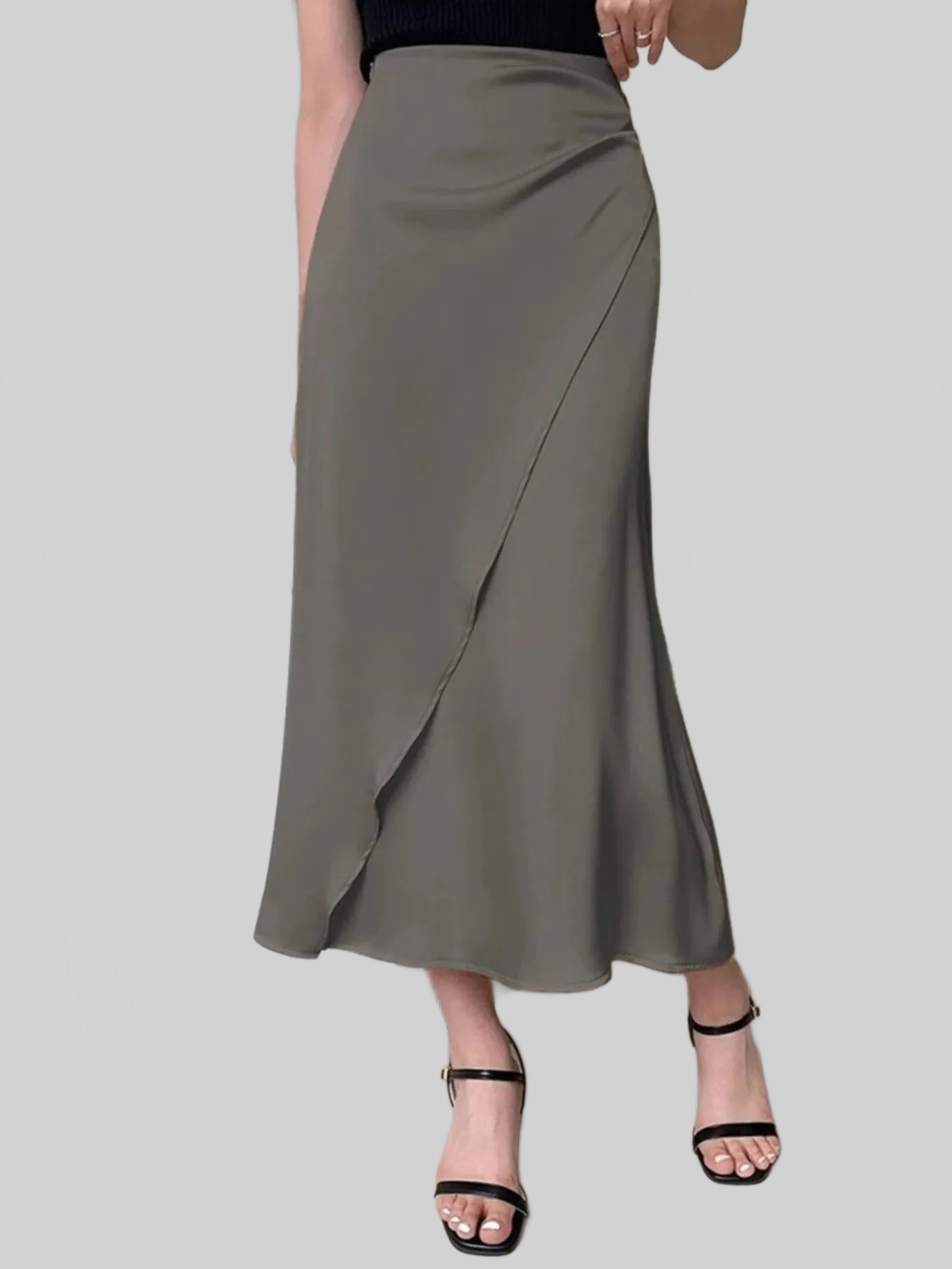 Asymmetric Wrap Midi Skirt with Fluted Hem nicholesgifts