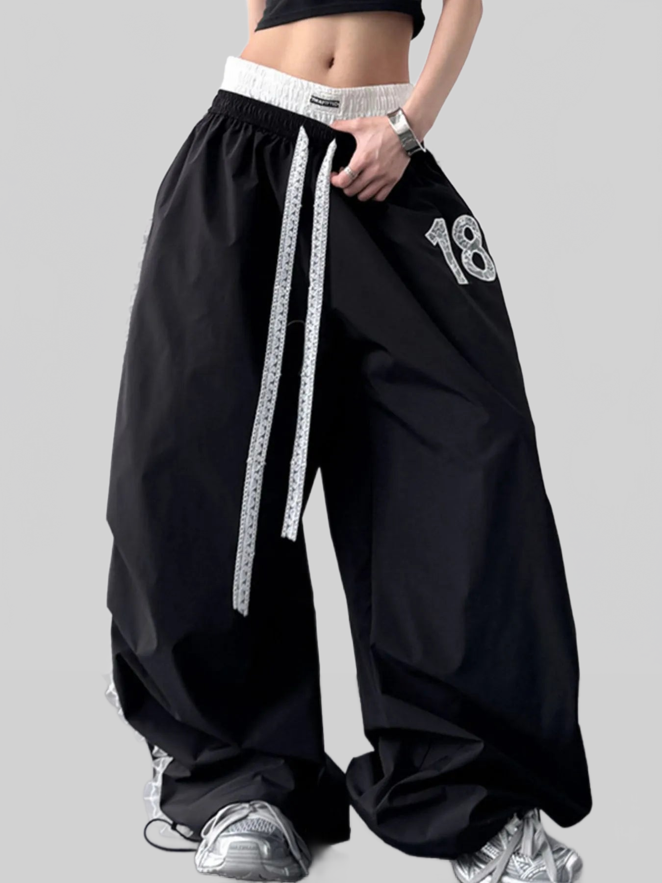 Women Lace Detail Drawstring Wide Leg Pants nicholesgifts
