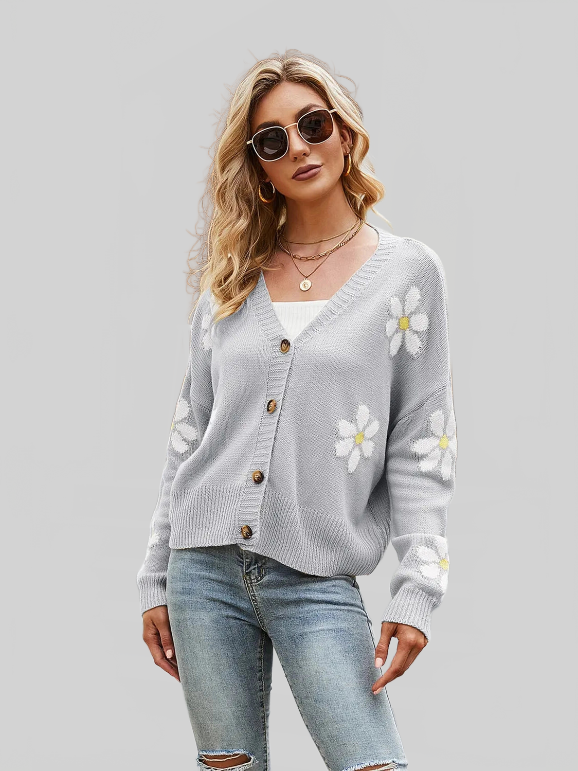 Women Flower Pattern Button Front Cardigan nicholesgifts