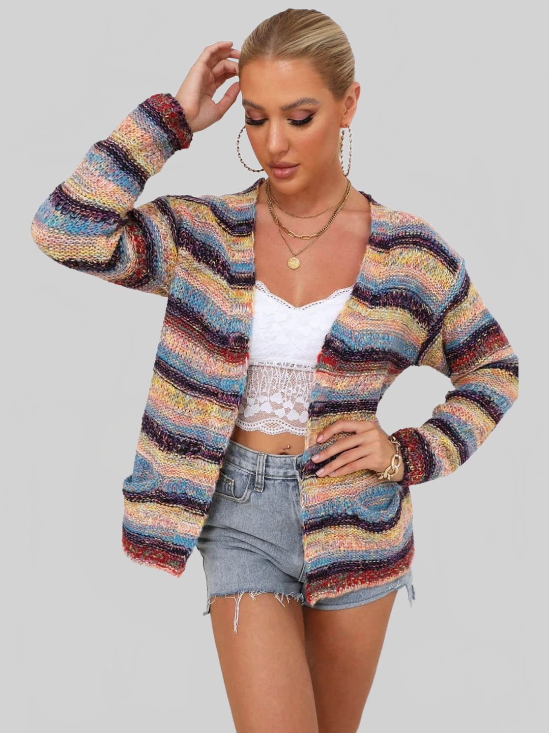 Women Striped Long Sleeve Open Front Cardigan NicholesGifts