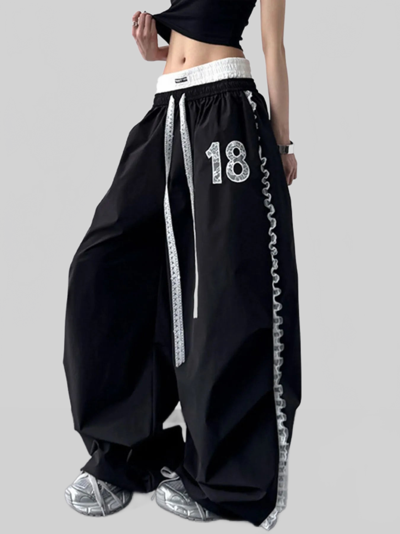 Women Lace Detail Drawstring Wide Leg Pants nicholesgifts