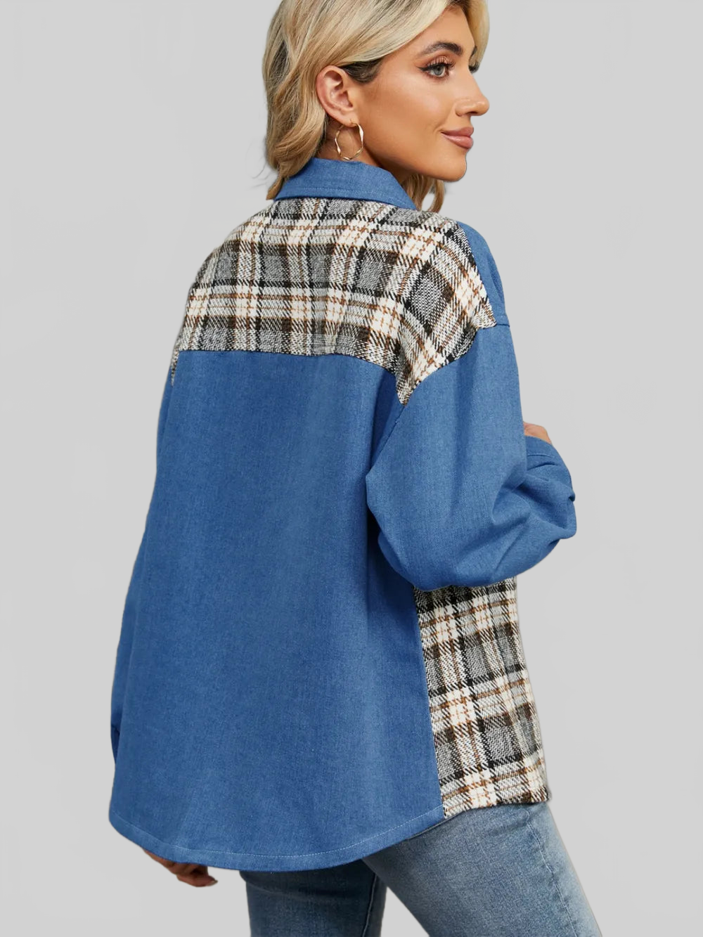 Plaid Button Up Long Sleeve Denim Jacket nicholesgifts
