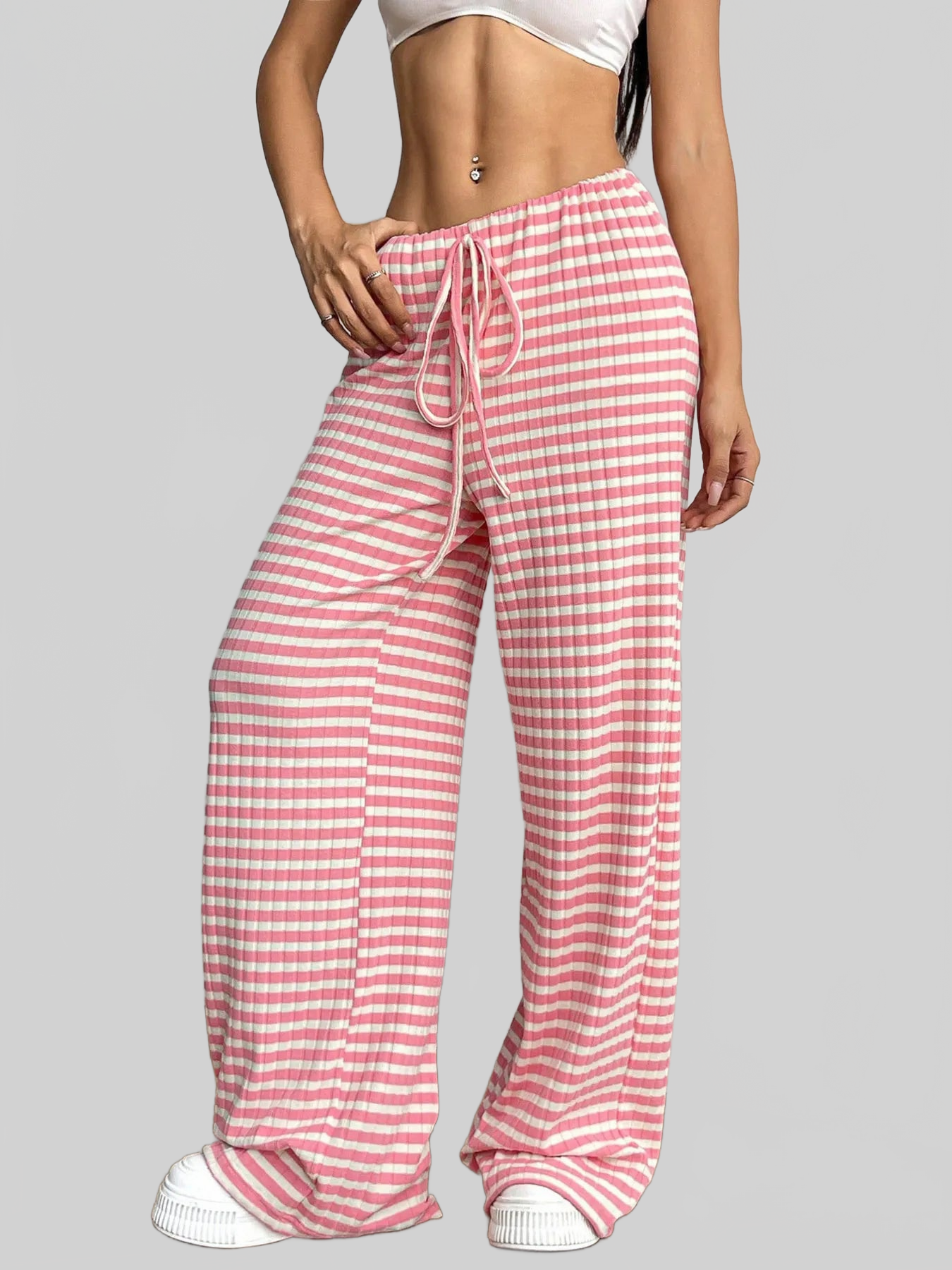Women Striped Wide Leg Drawstring Pants nicholesgifts