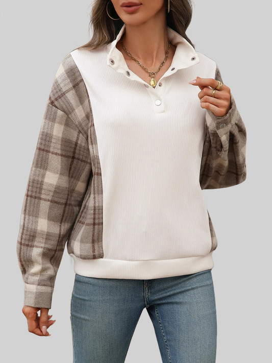 Women Snap Down Plaid Long Sleeve Sweatshirt NicholesGifts