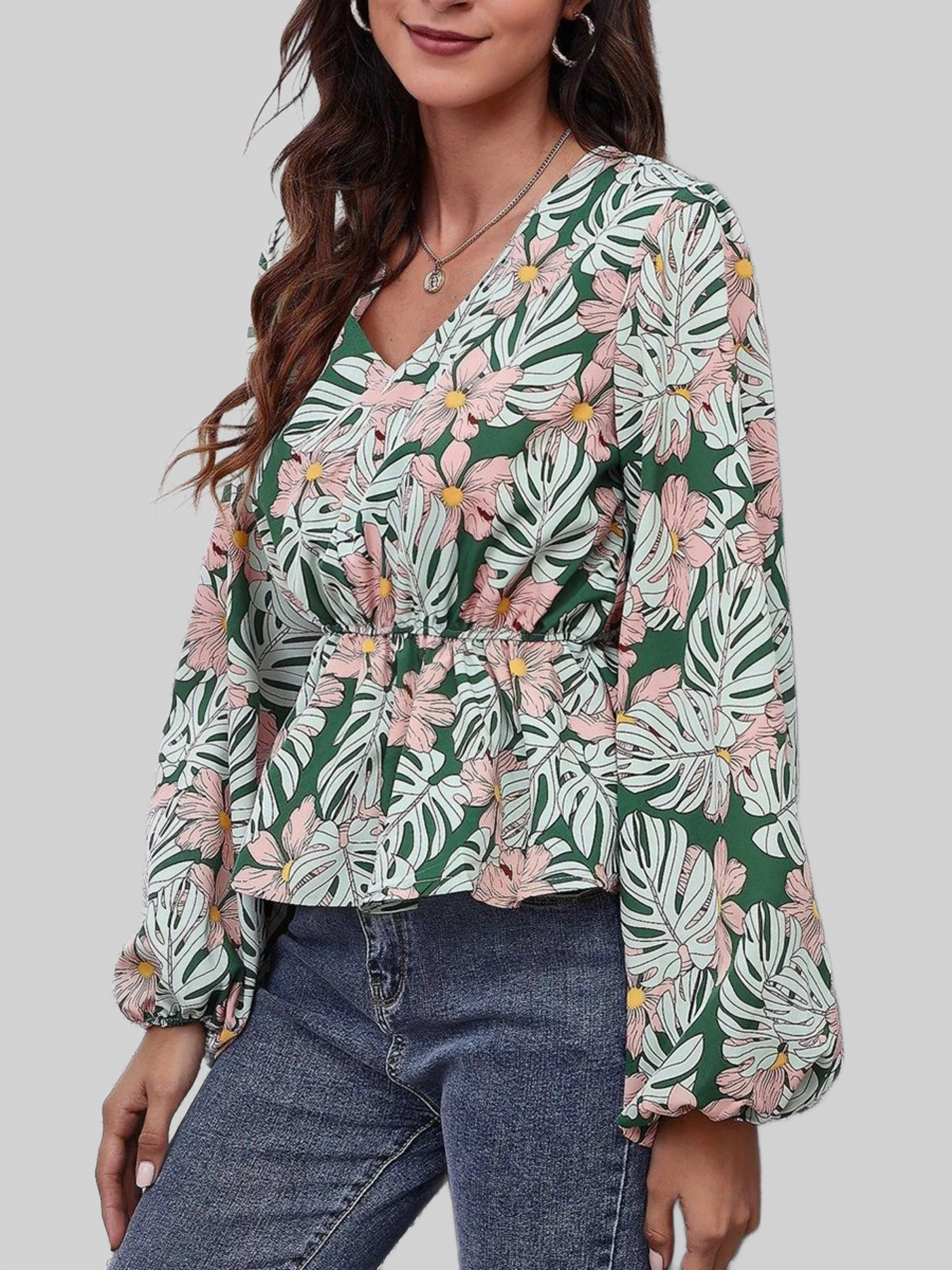 Floral V-Neck Balloon Sleeve Blouse NicholesGifts