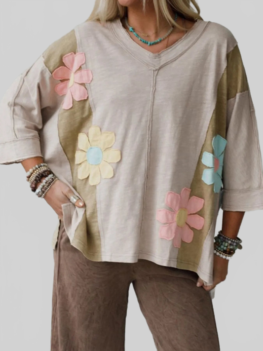 Women Floral Patch Color Block V-Neck T-Shirt NicholesGifts