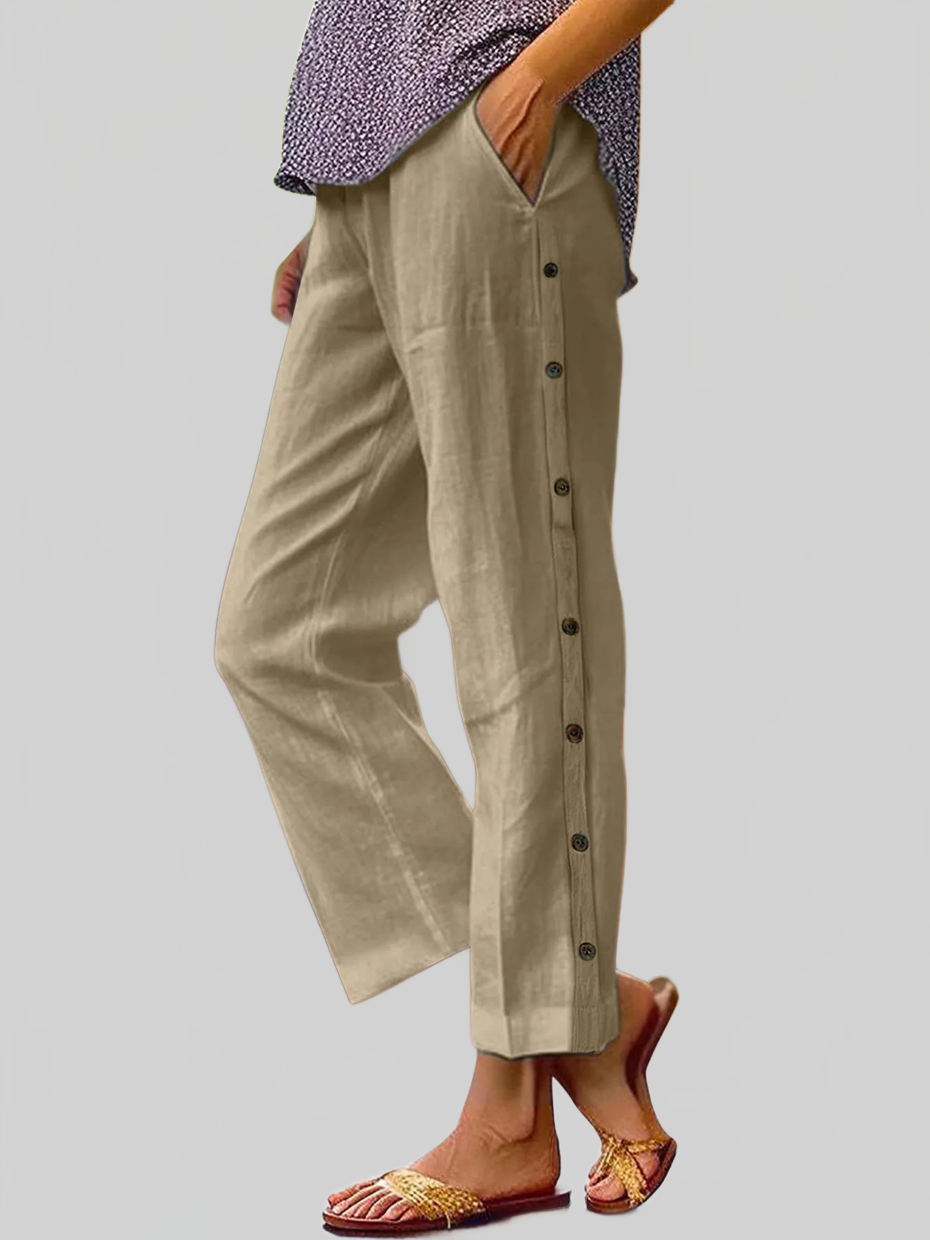 Women Full Size Side Decor Button Casual Wide Leg Pants Plus Size nicholesgifts