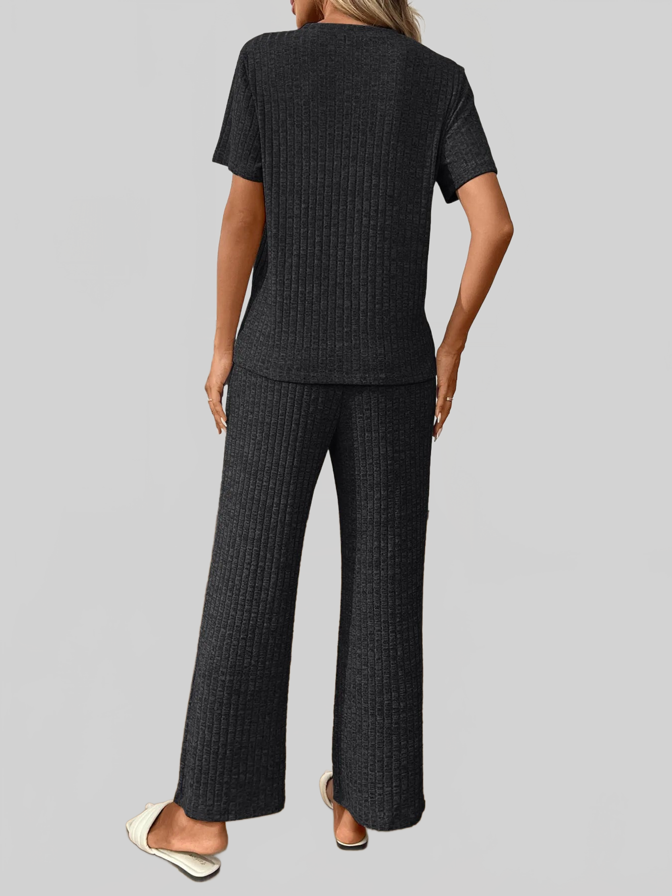Ribbed Knit Short Sleeve Top and Pants Lounge Set nicholesgifts