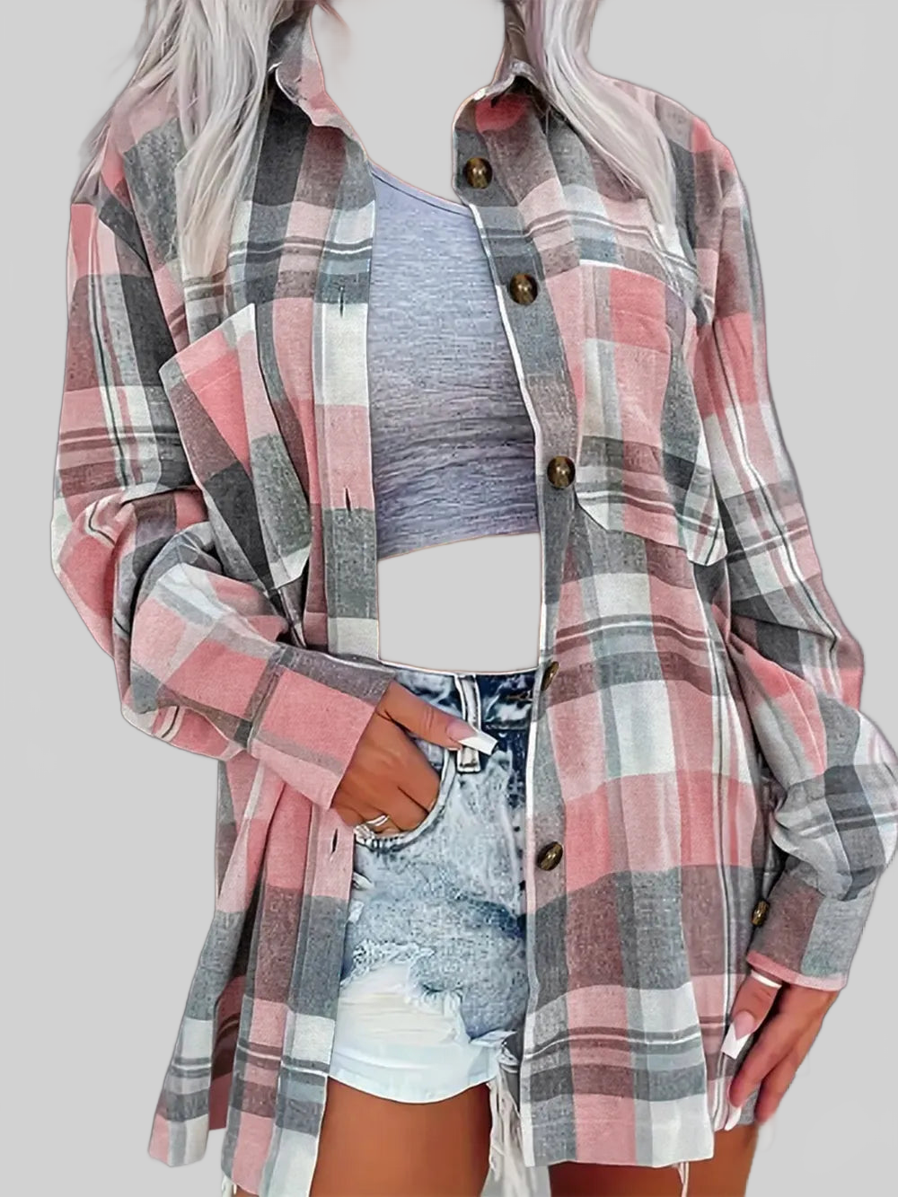 Pocketed Plaid Collared Neck Shacket nicholesgifts