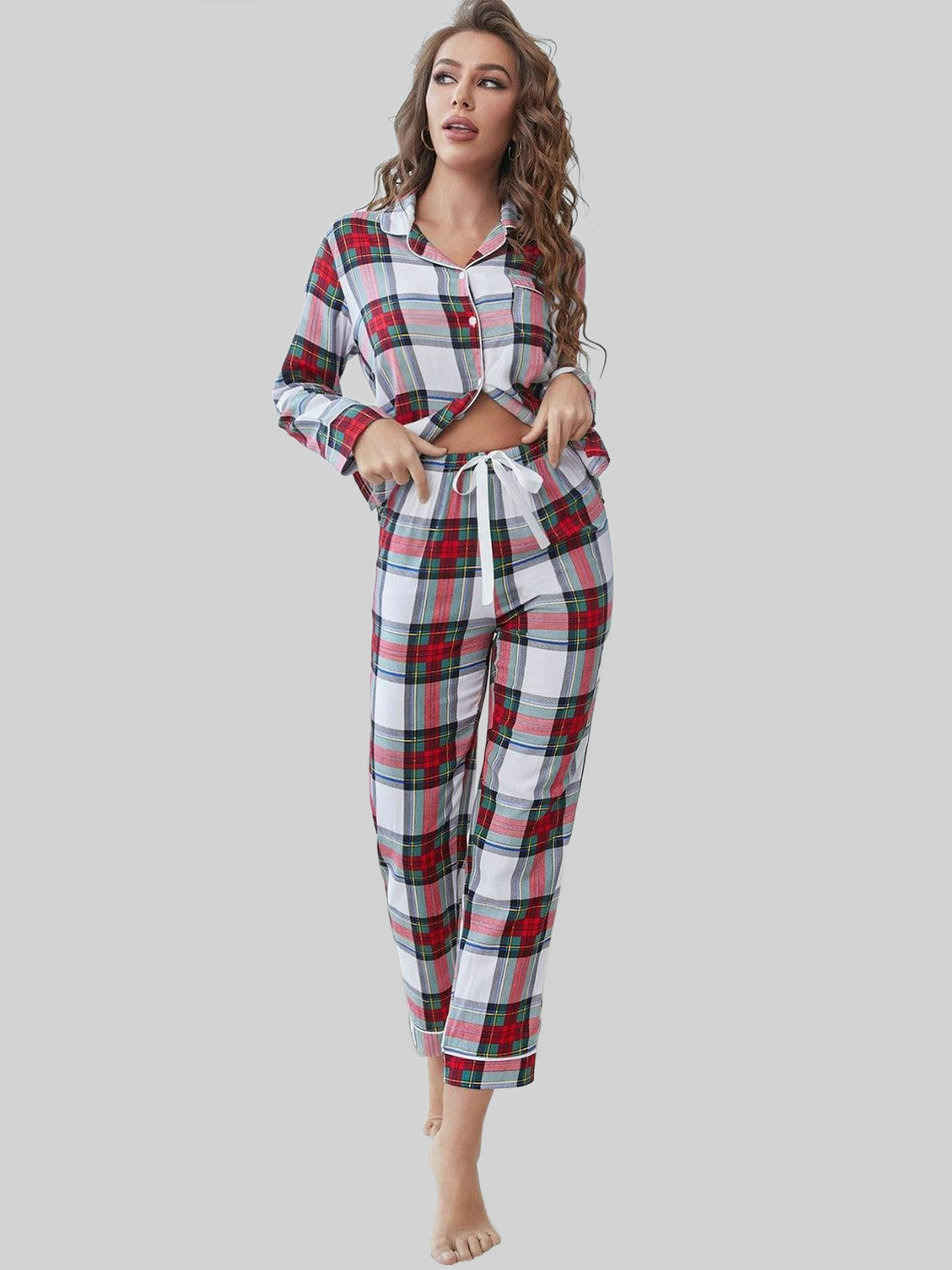 Plaid Button Front Top and Pants Lounge Set nicholesgifts