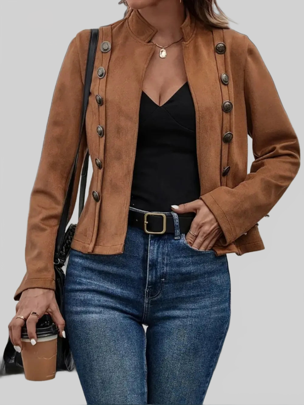 Decorative Button Open Front Long Sleeve Jacket nicholesgifts
