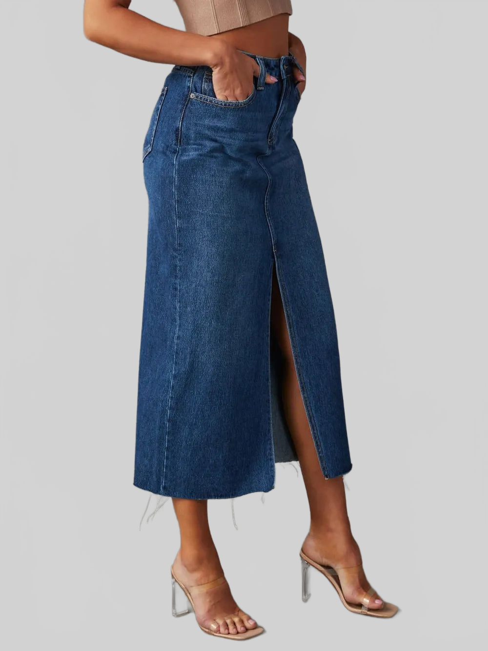 Raw Hem Front Slit Denim Midi Skirt nicholesgifts