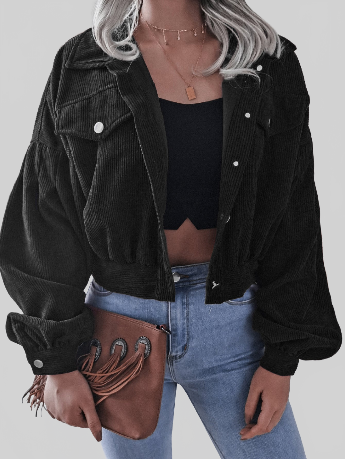 NicholesGifts Women Lantern Sleeve Cropped Corduroy Jacket NicholesGifts