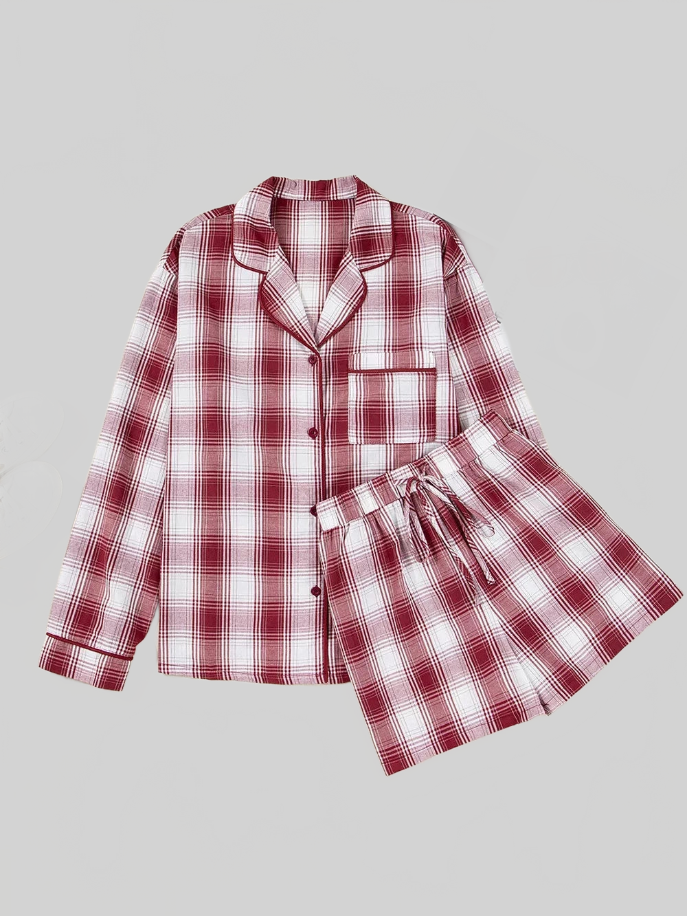 Plaid Long Sleeve Shirt and Drawstring Shorts Lounge Set nicholesgifts