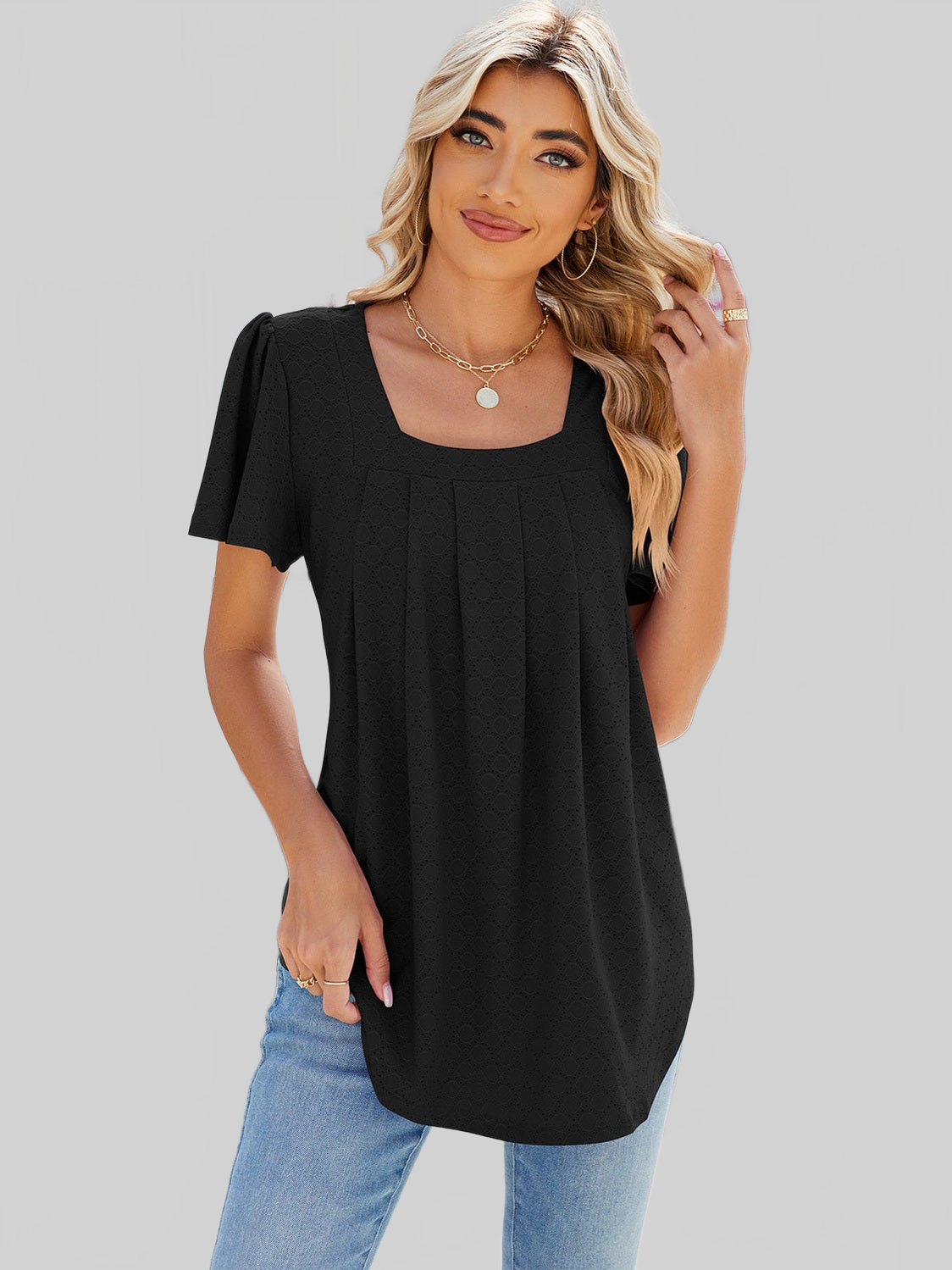 Women Eyelet Square Neck Flutter Sleeve Blouse nicholesgifts