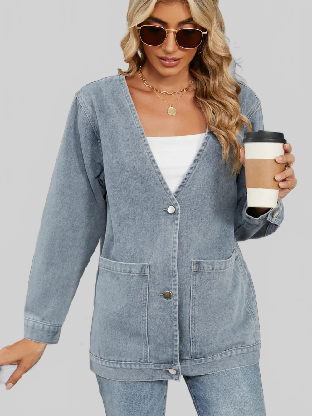 Pocketed V-Neck Button Up Denim Jacket nicholesgifts