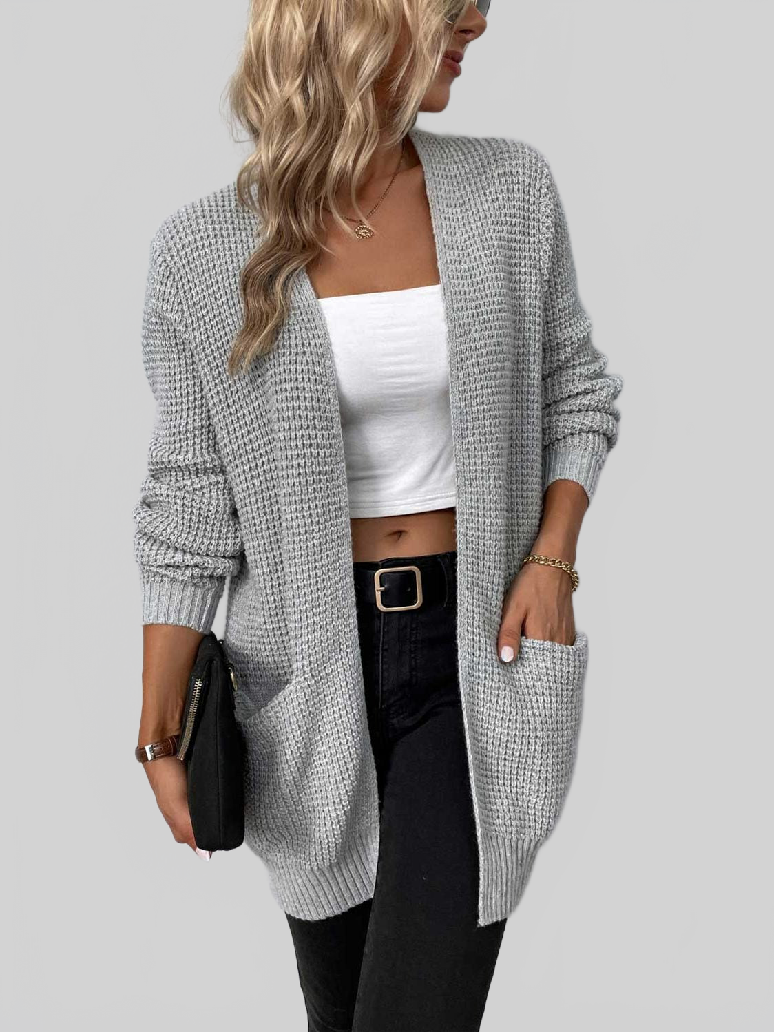 Rib-Knit Open Front Pocketed Cardigan nicholesgifts
