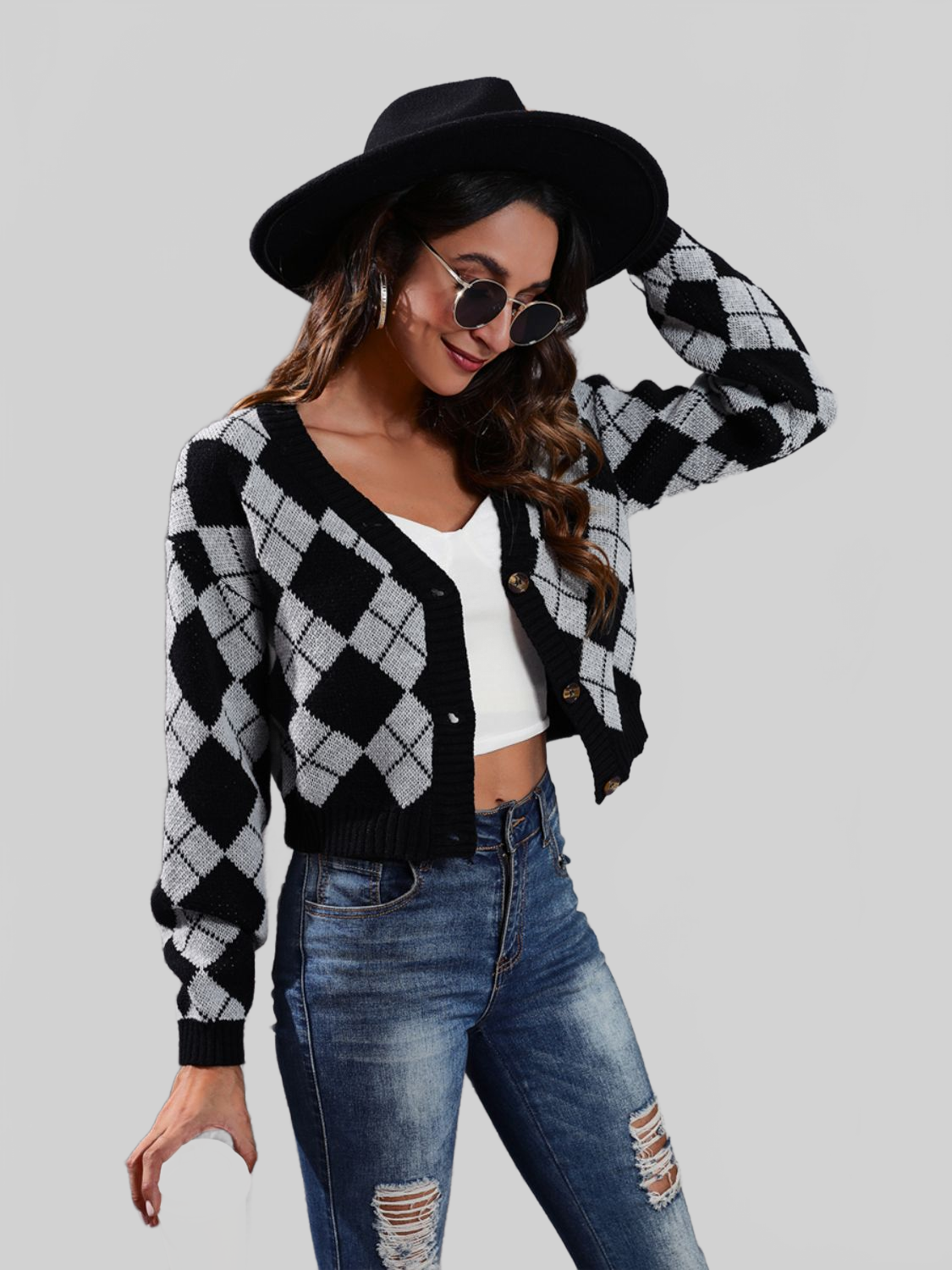 Women Geometric Button Up Long Sleeve Cardigan NicholesGifts