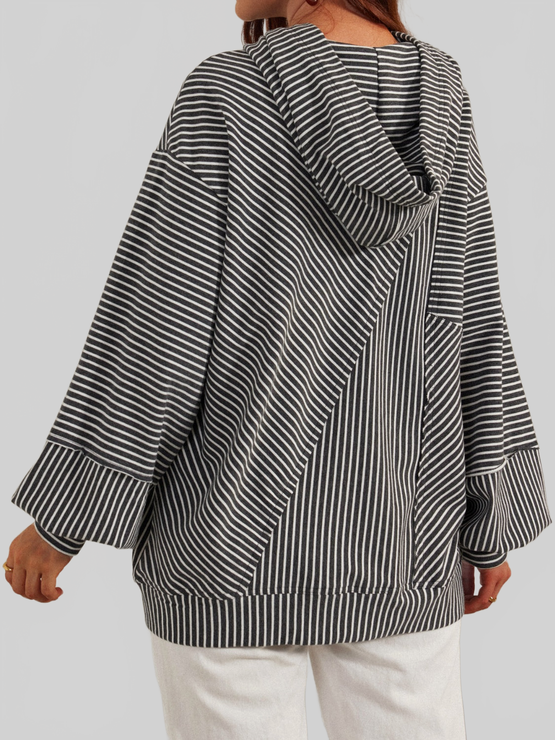 Women Slit Drawstring Striped Long Sleeve Hoodie NicholesGifts