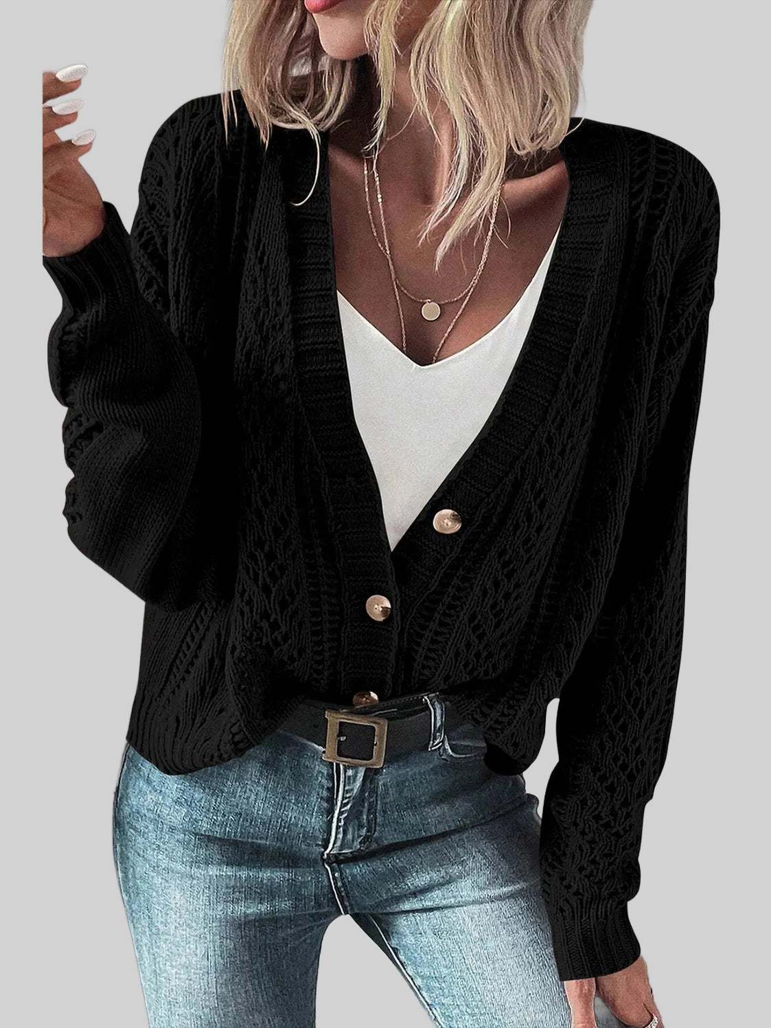 Openwork Button Up Long Sleeve Cardigan nicholesgifts