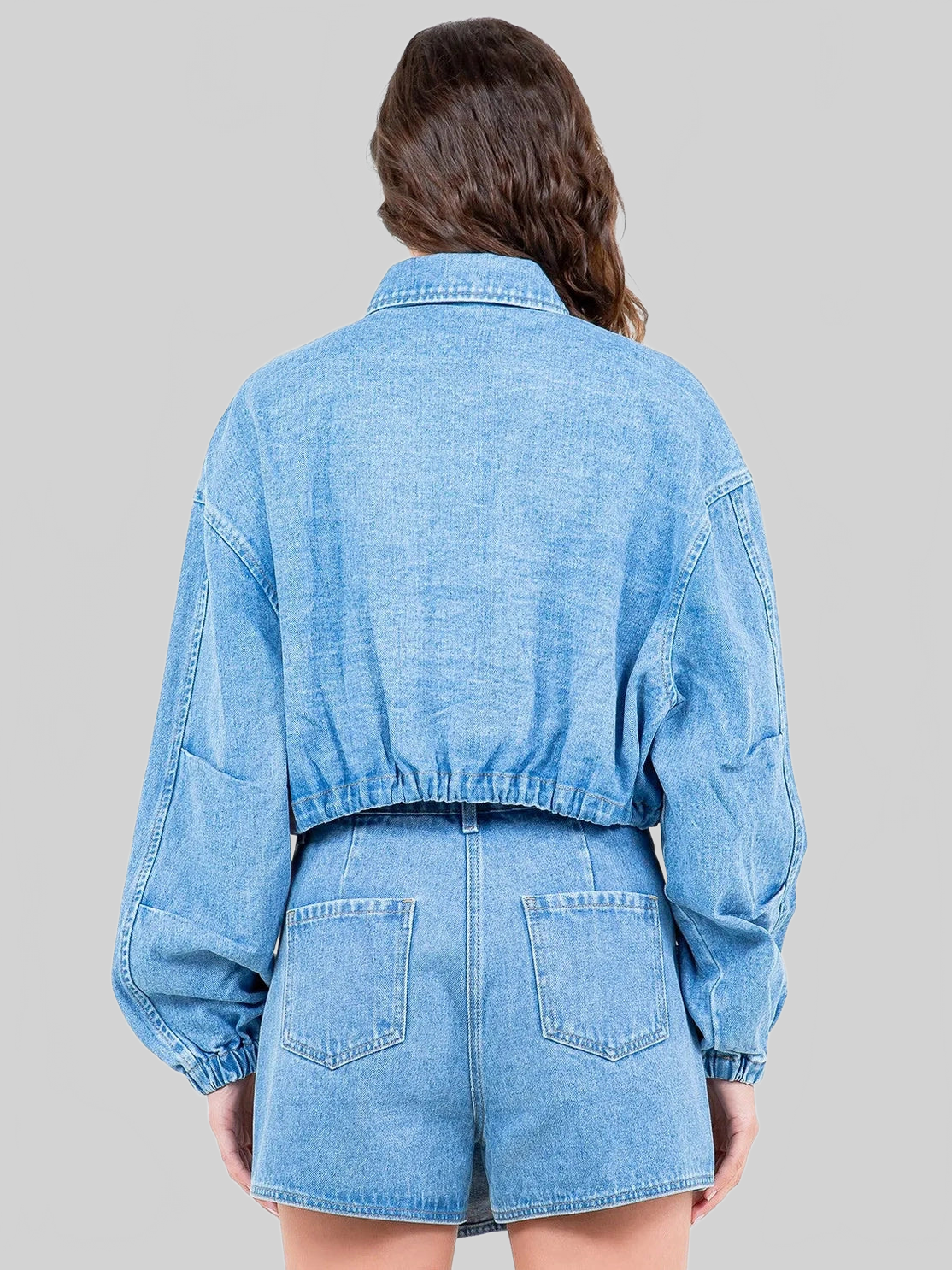 American Bazi Drawstring Waist Crop Denim Jacket nicholesgifts