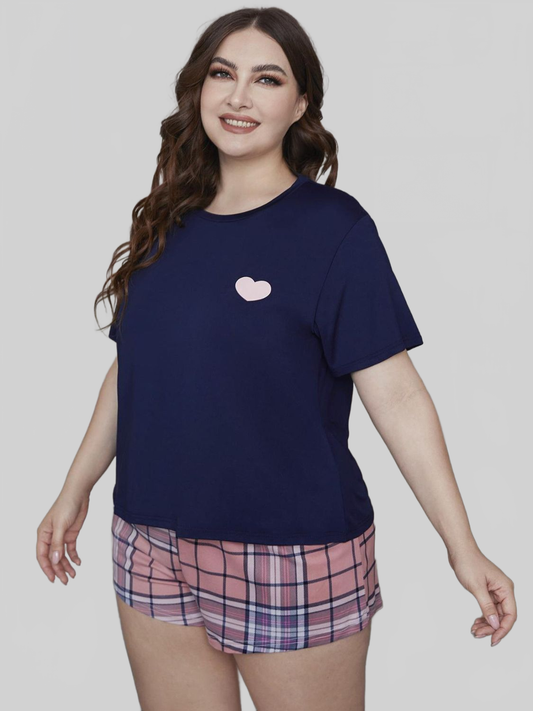 Plus Size Heart Graphic Top and Plaid Shorts Loungewear Set nicholesgifts