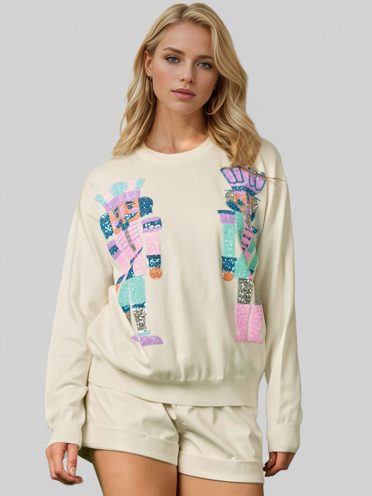 Women Double Take Full Size Sequin Nutcracker Long Sleeve Sweater nicholesgifts