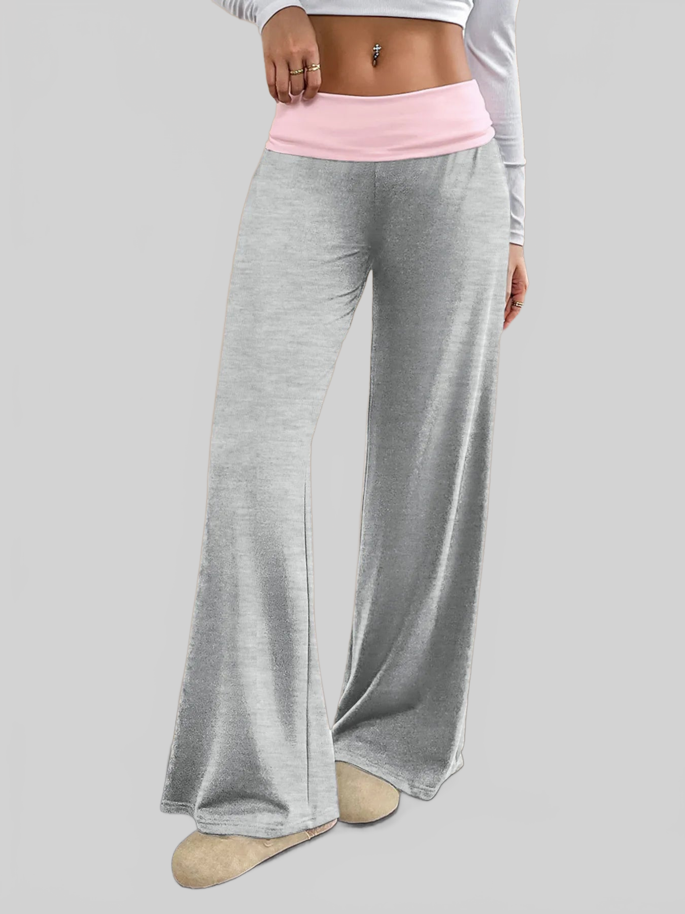 Women Contrast Waistband Wide Leg Pants nicholesgifts