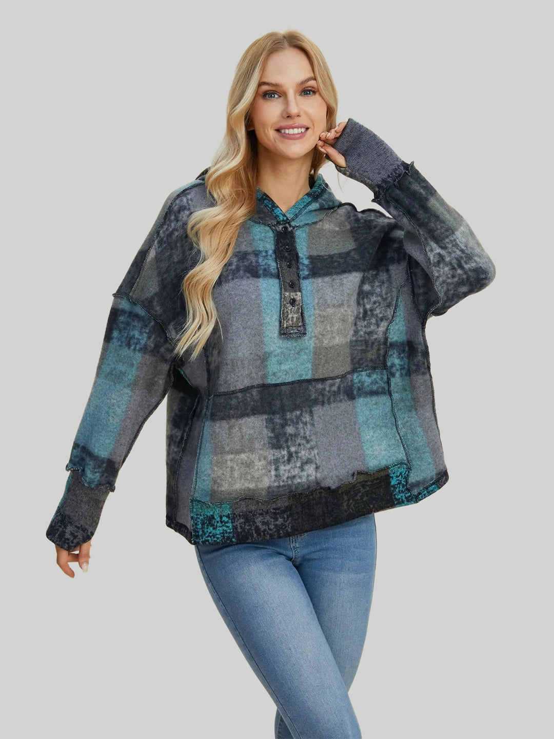 Double Take Full Size Plaid Dropped Shoulder Fleece Hoodie NicholesGifts