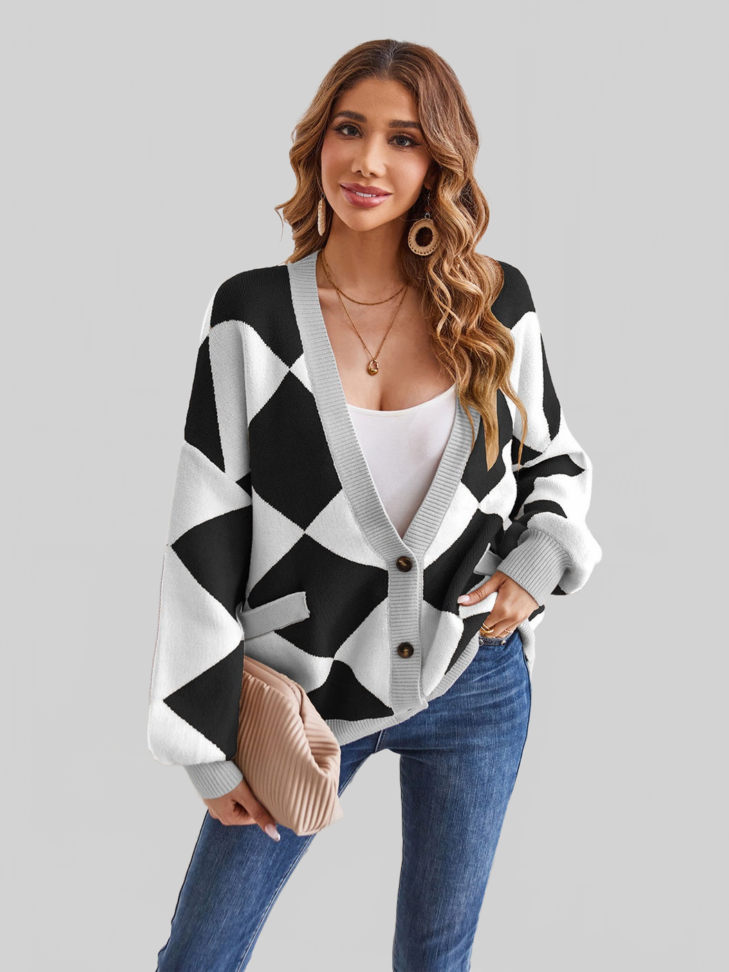Geometric Lantern Sleeve Cardigan with Pockets NicholesGifts