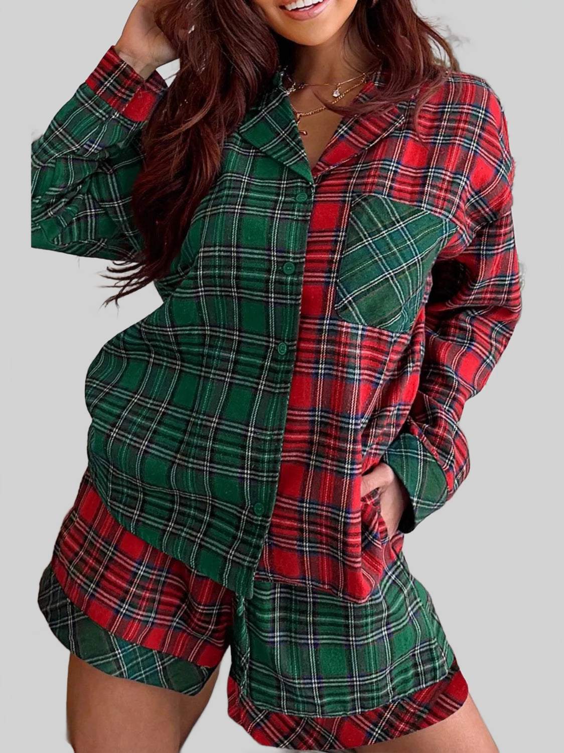 Plaid Contrast Patched Christmas Holiday Long Sleeve Shirt and Short 2pcs Pajama Set nicholesgifts