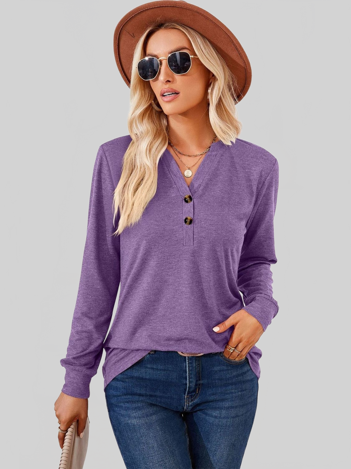 Women V-Neck Buttoned Long Sleeve Blouse NicholesGifts