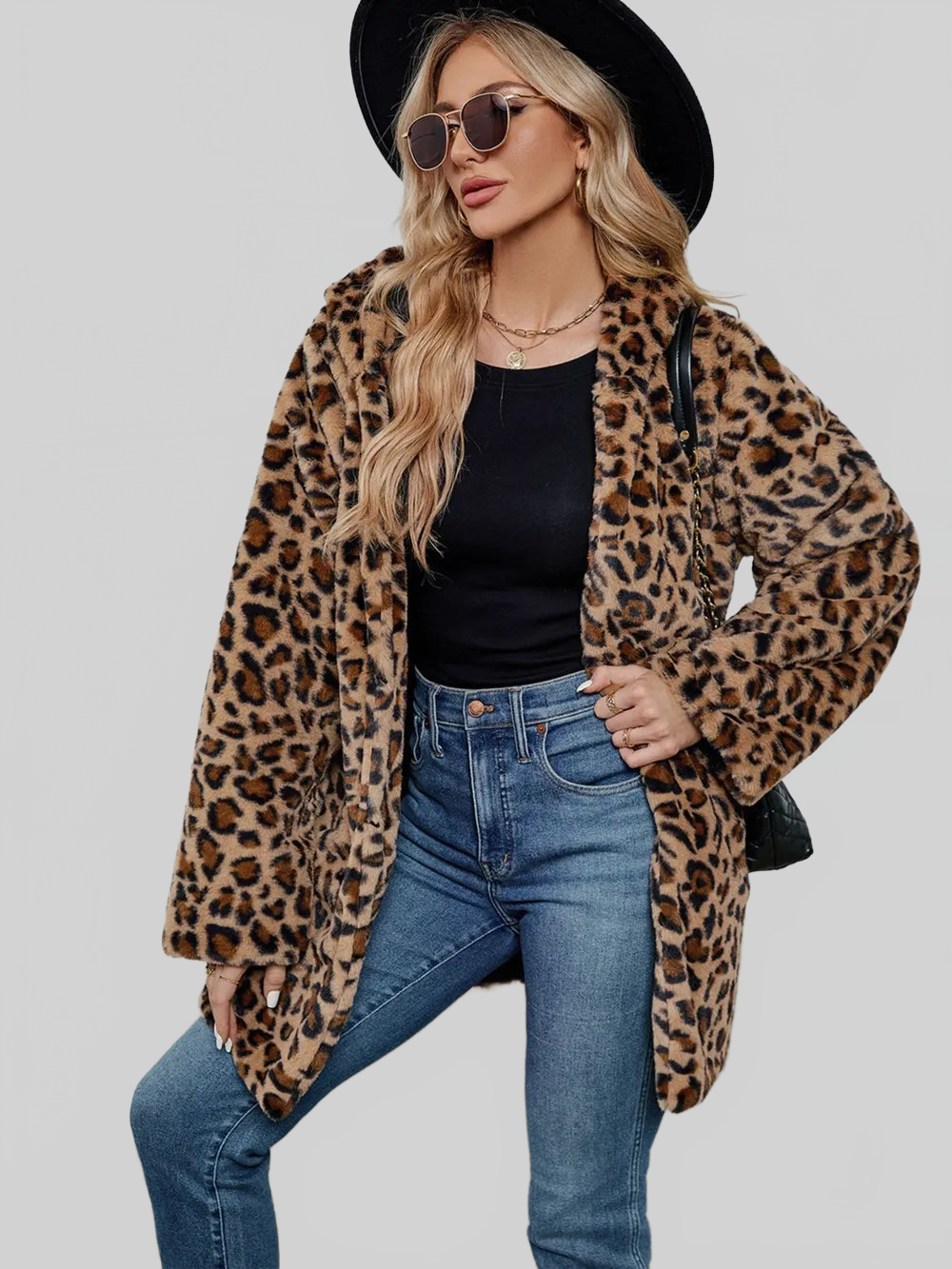 Fuzzy Leopard Hooded Long Sleeve Jacket nicholesgifts